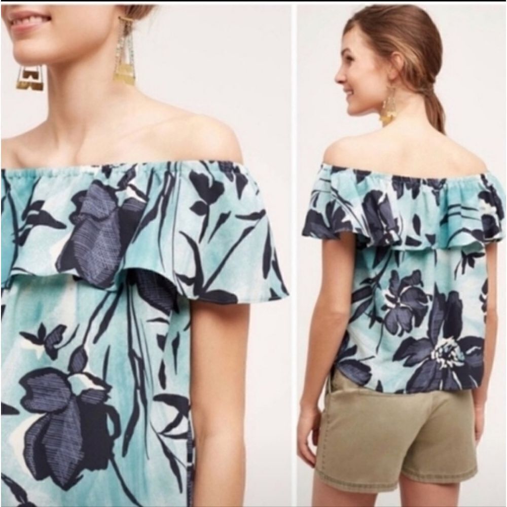 HP! Anthropologie Maeve Islander Off the Shoulder Blue Floral Top (XS)
